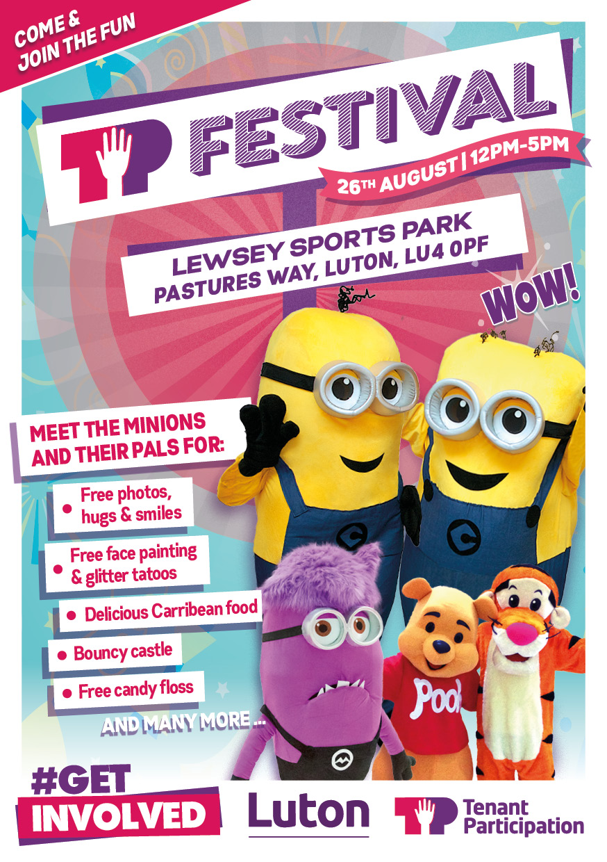 A Bowerbirdy-designed flyer promoting Luton Town Council's TP Festival
