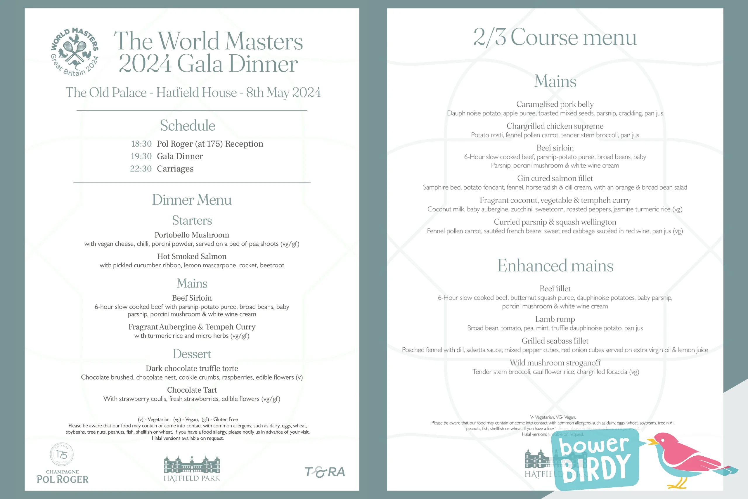 Hatfield Park Menus - including the World Masters 2024 Gala Dinner Menu